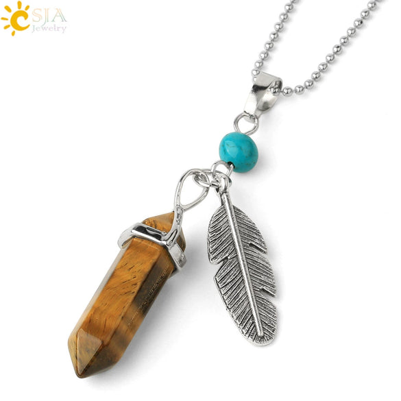 Minimalist Natural Stone Bullet Pendant Necklace With Feather Detail And Ball Chain Crystal Jewelry