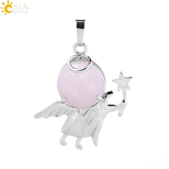 Minimalist Natural Stone Crystal Angel Wing Pendant Necklace Charm For Women In Multicolor Alloy Jewelry