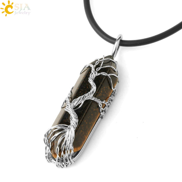 Minimalist Natural Stone Hexagonal Prism Necklace With Hand Wrapped Tree Of Life Pendant And Leather Rope Chain