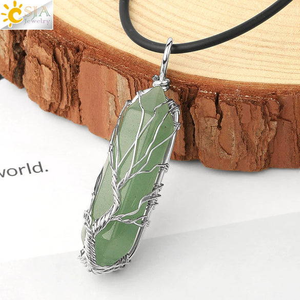 Minimalist Natural Stone Hexagonal Prism Necklace With Hand Wrapped Tree Of Life Pendant And Leather Rope Chain