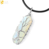 Minimalist Natural Stone Hexagonal Prism Necklace With Hand Wrapped Tree Of Life Pendant And Leather Rope Chain