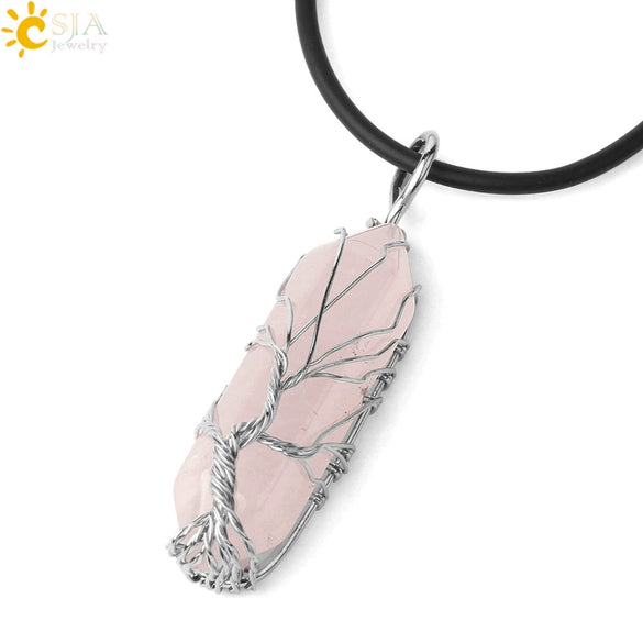 Minimalist Natural Stone Hexagonal Prism Necklace With Hand Wrapped Tree Of Life Pendant And Leather Rope Chain
