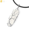Minimalist Natural Stone Hexagonal Prism Necklace With Hand Wrapped Tree Of Life Pendant And Leather Rope Chain