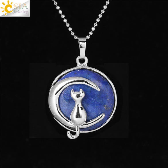 Minimalist Natural Stone Moon Cat Pendant Necklace With Copper Ball Chain Electroplated Clavicle Chain Jewelry