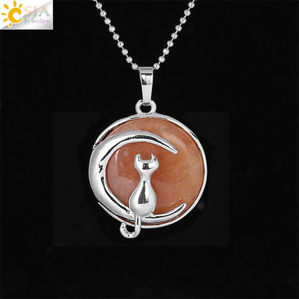 Minimalist Natural Stone Moon Cat Pendant Necklace With Copper Ball Chain Electroplated Clavicle Chain Jewelry