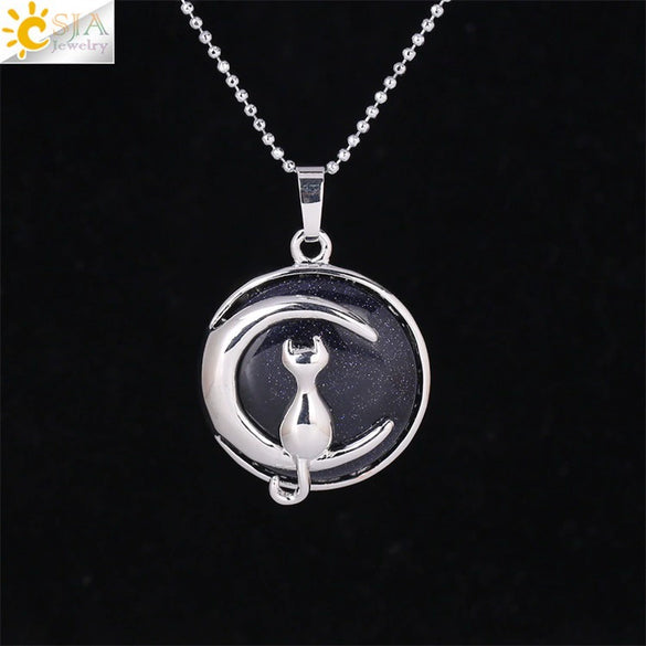 Minimalist Natural Stone Moon Cat Pendant Necklace With Copper Ball Chain Electroplated Clavicle Chain Jewelry
