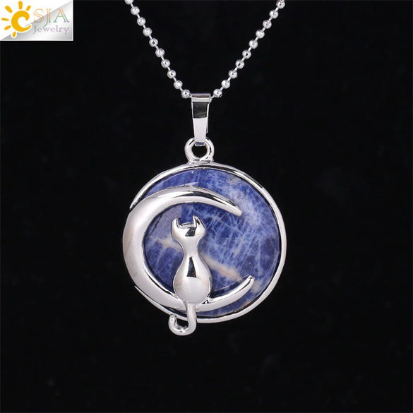 Minimalist Natural Stone Moon Cat Pendant Necklace With Copper Ball Chain Electroplated Clavicle Chain Jewelry