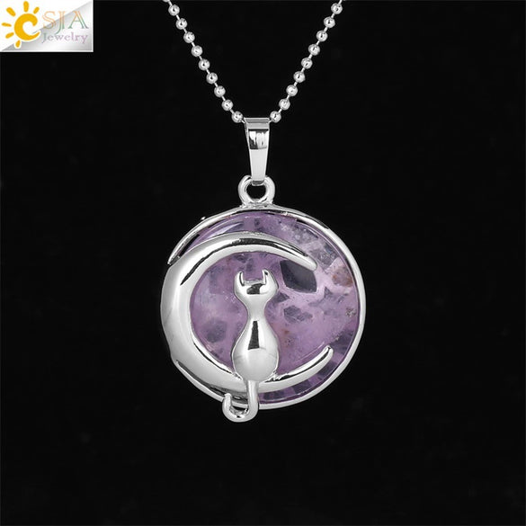 Minimalist Natural Stone Moon Cat Pendant Necklace With Copper Ball Chain Electroplated Clavicle Chain Jewelry