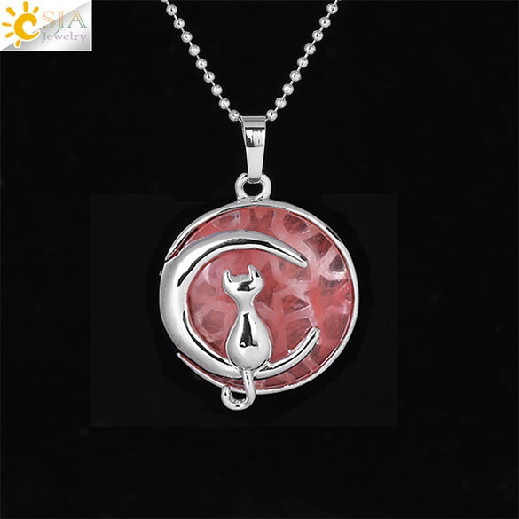 Minimalist Natural Stone Moon Cat Pendant Necklace With Copper Ball Chain Electroplated Clavicle Chain Jewelry
