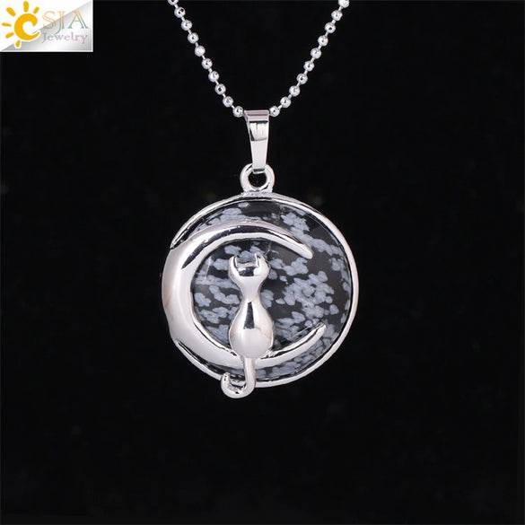Minimalist Natural Stone Moon Cat Pendant Necklace With Copper Ball Chain Electroplated Clavicle Chain Jewelry