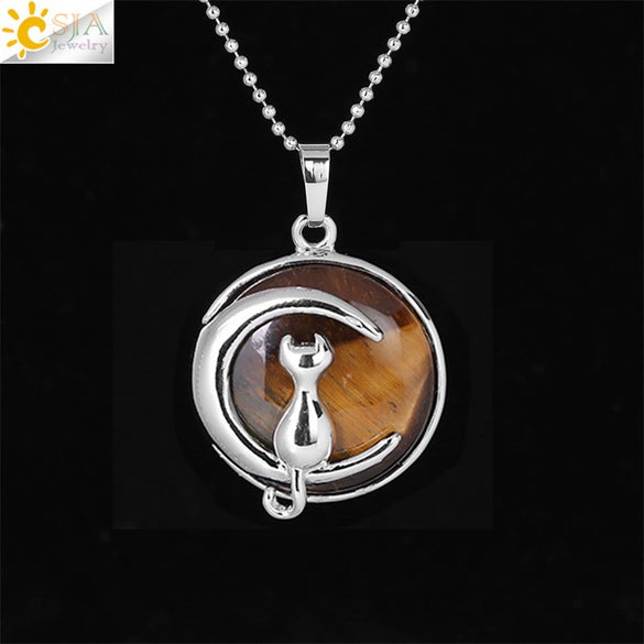 Minimalist Natural Stone Moon Cat Pendant Necklace With Copper Ball Chain Electroplated Clavicle Chain Jewelry