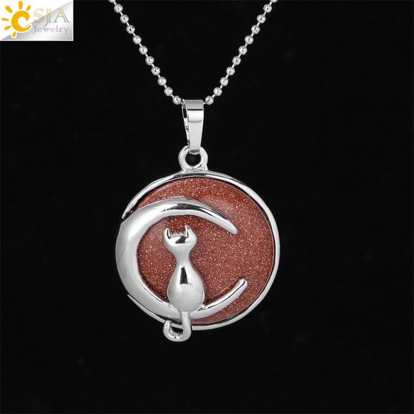 Minimalist Natural Stone Moon Cat Pendant Necklace With Copper Ball Chain Electroplated Clavicle Chain Jewelry
