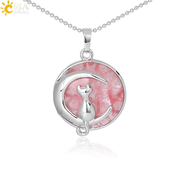 Minimalist Natural Stone Moon Cat Pendant Necklace With Copper Ball Chain Electroplated Clavicle Chain Jewelry