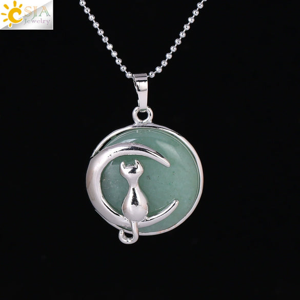 Minimalist Natural Stone Moon Cat Pendant Necklace With Copper Ball Chain Electroplated Clavicle Chain Jewelry