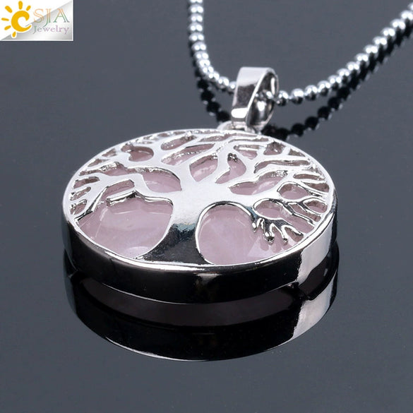 Minimalist Natural Stone Tree Of Life Pendant Necklace With Hollow Round Design Pink Crystal Amethyst And Electroplated Copper Accessories