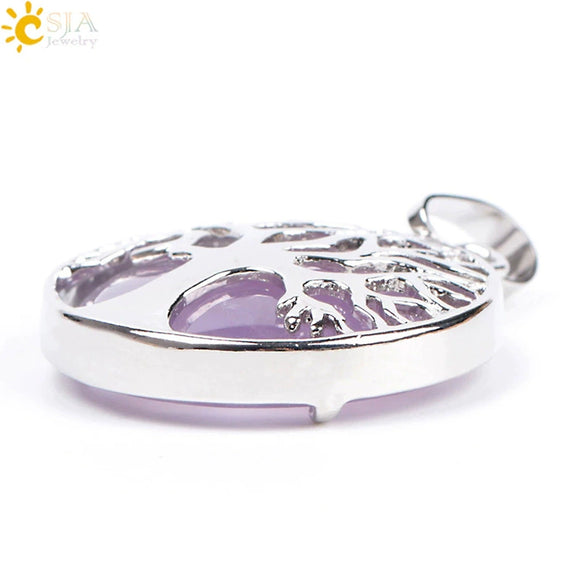 Minimalist Natural Stone Tree Of Life Pendant Necklace With Hollow Round Design Pink Crystal Amethyst And Electroplated Copper Accessories