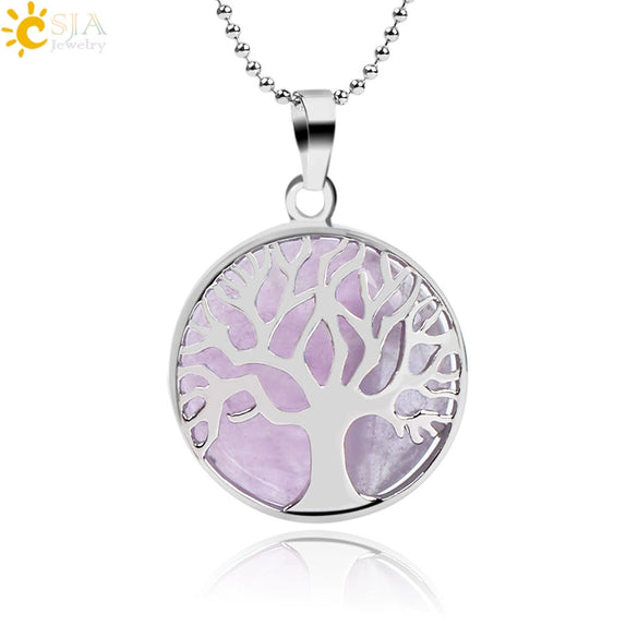 Minimalist Natural Stone Tree Of Life Pendant Necklace With Hollow Round Design Pink Crystal Amethyst And Electroplated Copper Accessories
