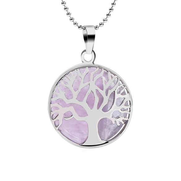 Minimalist Natural Stone Tree Of Life Pendant Necklace With Hollow Round Design Pink Crystal Amethyst And Electroplated Copper Accessories