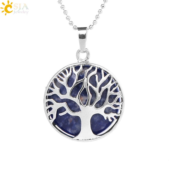 Minimalist Natural Stone Tree Of Life Pendant Necklace With Hollow Round Design Pink Crystal Amethyst And Electroplated Copper Accessories