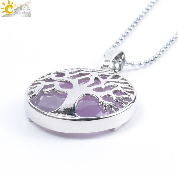 Minimalist Natural Stone Tree Of Life Pendant Necklace With Hollow Round Design Pink Crystal Amethyst And Electroplated Copper Accessories