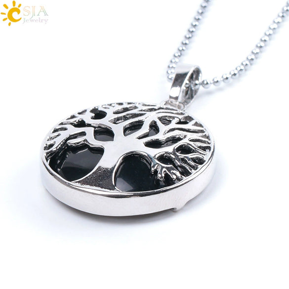 Minimalist Natural Stone Tree Of Life Pendant Necklace With Hollow Round Design Pink Crystal Amethyst And Electroplated Copper Accessories