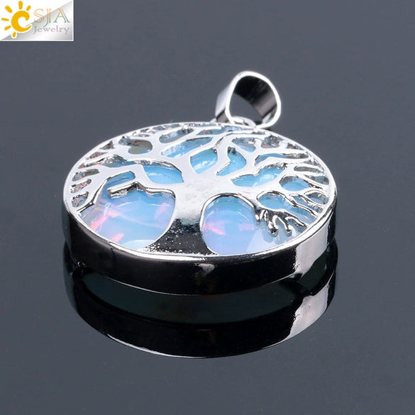Minimalist Natural Stone Tree Of Life Pendant Necklace With Hollow Round Design Pink Crystal Amethyst And Electroplated Copper Accessories