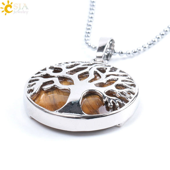Minimalist Natural Stone Tree Of Life Pendant Necklace With Hollow Round Design Pink Crystal Amethyst And Electroplated Copper Accessories