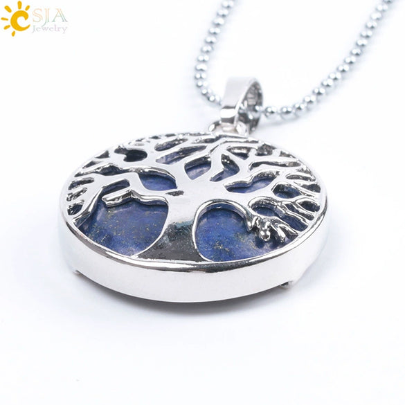 Minimalist Natural Stone Tree Of Life Pendant Necklace With Hollow Round Design Pink Crystal Amethyst And Electroplated Copper Accessories