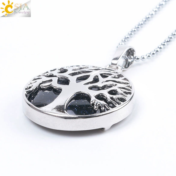 Minimalist Natural Stone Tree Of Life Pendant Necklace With Hollow Round Design Pink Crystal Amethyst And Electroplated Copper Accessories