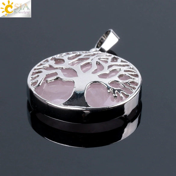 Minimalist Natural Stone Tree Of Life Pendant Necklace With Hollow Round Design Pink Crystal Amethyst And Electroplated Copper Accessories