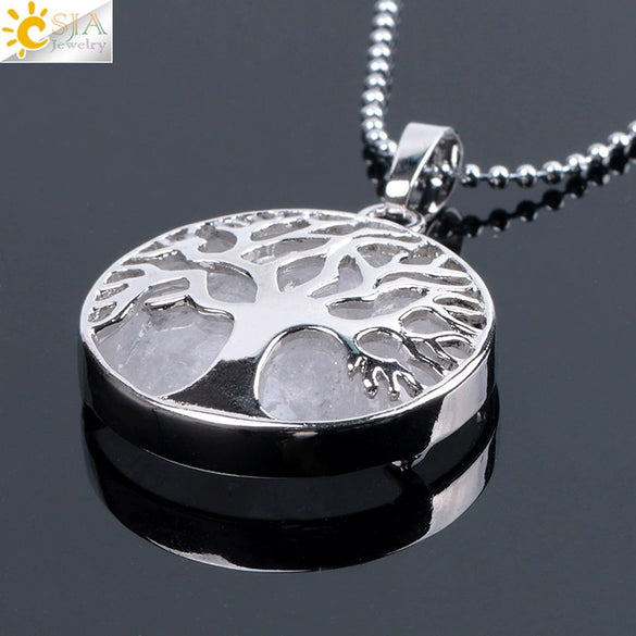 Minimalist Natural Stone Tree Of Life Pendant Necklace With Hollow Round Design Pink Crystal Amethyst And Electroplated Copper Accessories