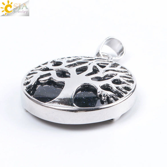 Minimalist Natural Stone Tree Of Life Pendant Necklace With Hollow Round Design Pink Crystal Amethyst And Electroplated Copper Accessories