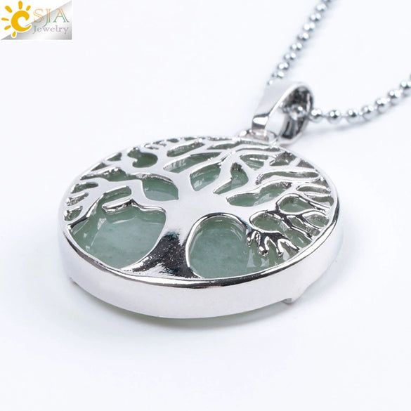 Minimalist Natural Stone Tree Of Life Pendant Necklace With Hollow Round Design Pink Crystal Amethyst And Electroplated Copper Accessories