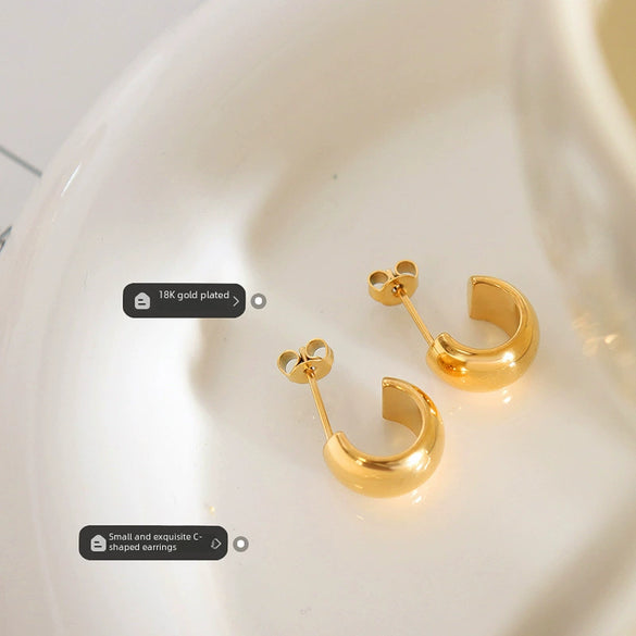 Minimalist Niche Design C Shaped Titanium Steel Gold Plated Earrings