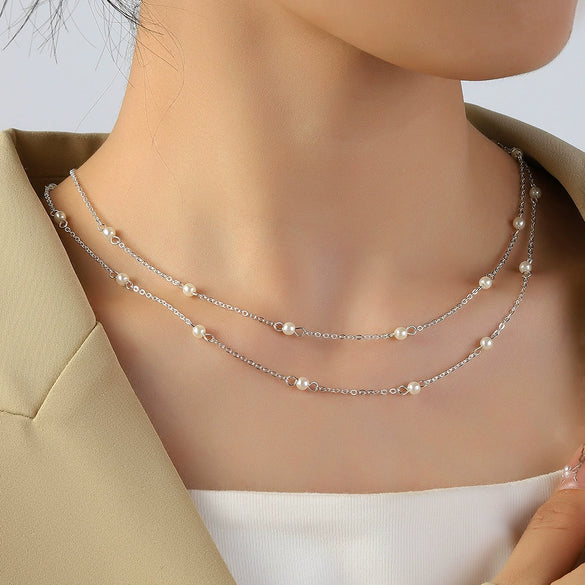 Minimalist Pearl Necklace Geometric Double Clavicle Chain For Women