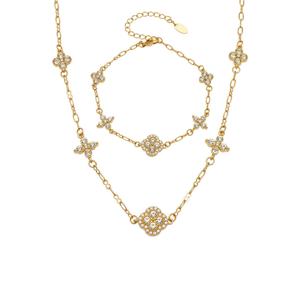 Minimalist Rhinestone Four Leaf Clover Stainless Steel Necklace And Bracelet Jewelry Set Electroplated Unisex Chain Accessories