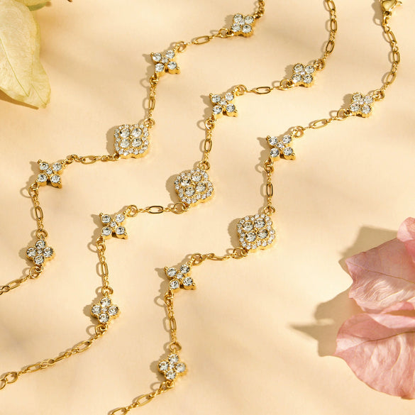 Minimalist Rhinestone Four Leaf Clover Stainless Steel Necklace And Bracelet Jewelry Set Electroplated Unisex Chain Accessories