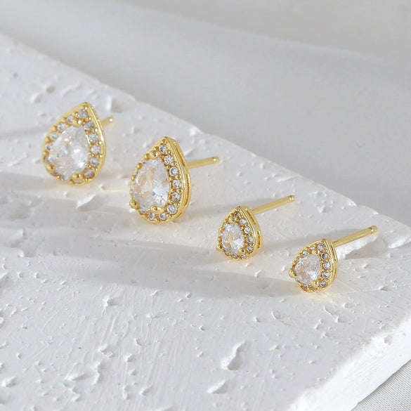 Minimalist Sparkling Diamond Water Drop Copper Goldplated Stud Earrings For Women