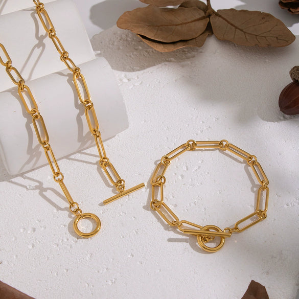 Minimalist Stacked Geometric Paperclip Chain Necklace And Bracelet Set Electroplated Stainless Steel And Titanium Steel Hip Hop Punk Streetwear Style For Women