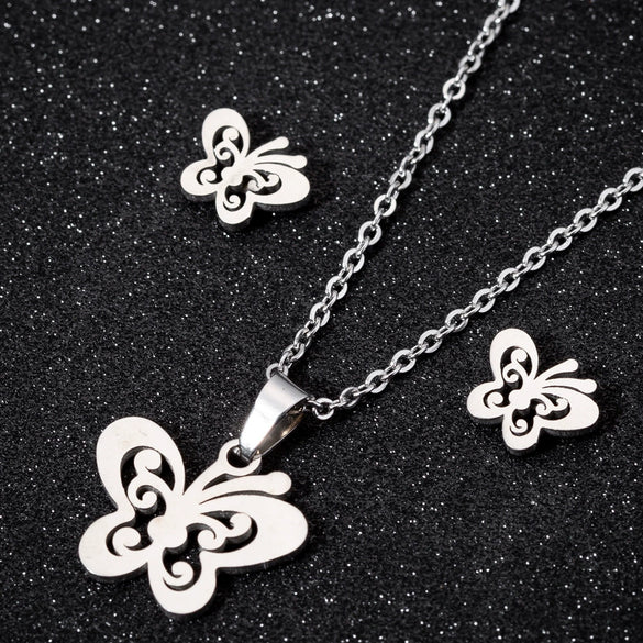 Minimalist Stainless Steel Butterfly Stud Earrings And Necklace Jewelry Set With Hollow Geometric Design And Electroplated Finish
