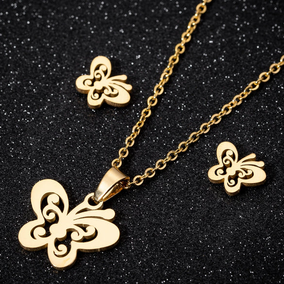 Minimalist Stainless Steel Butterfly Stud Earrings And Necklace Jewelry Set With Hollow Geometric Design And Electroplated Finish
