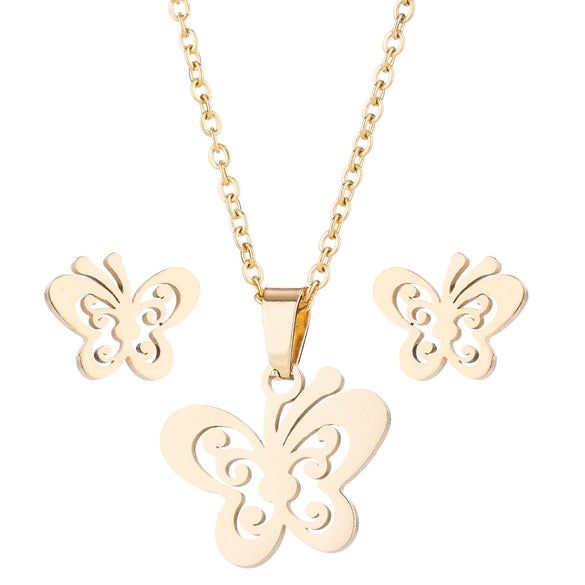 Minimalist Stainless Steel Butterfly Stud Earrings And Necklace Jewelry Set With Hollow Geometric Design And Electroplated Finish