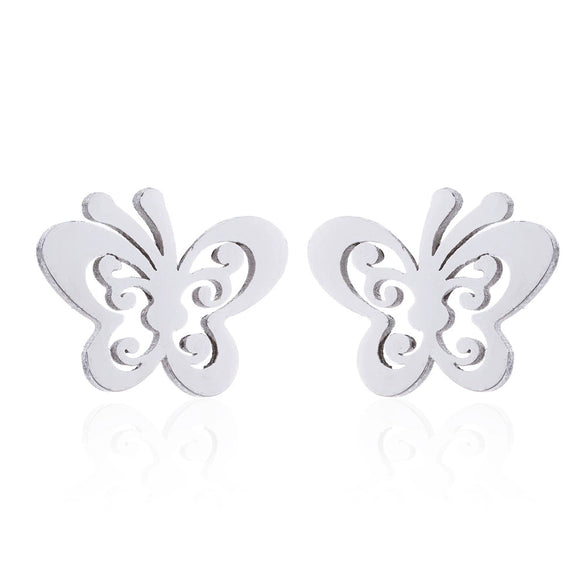 Minimalist Stainless Steel Butterfly Stud Earrings And Necklace Jewelry Set With Hollow Geometric Design And Electroplated Finish