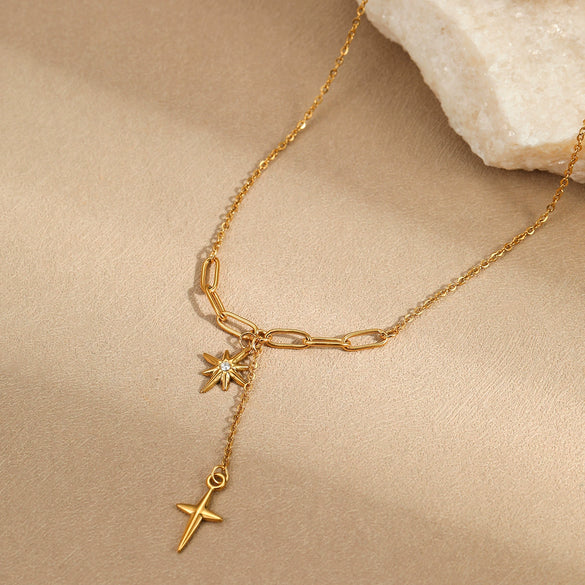 Minimalist Stainless Steel Clavicle Chain With Geometric Pattern And Star Pendant Electroplated
