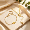 Minimalist Stainless Steel Cross Necklace And Bracelet Set With Crown And Roman Numeral Pattern Electroplated Gold Finish