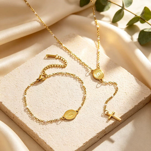 Minimalist Stainless Steel Cross Necklace And Bracelet Set With Crown And Roman Numeral Pattern Electroplated Gold Finish