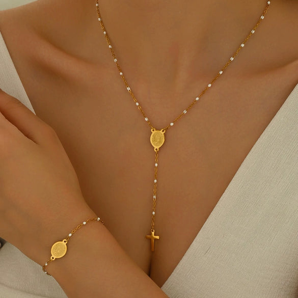 Minimalist Stainless Steel Cross Necklace And Bracelet Set With Crown And Roman Numeral Pattern Electroplated Gold Finish