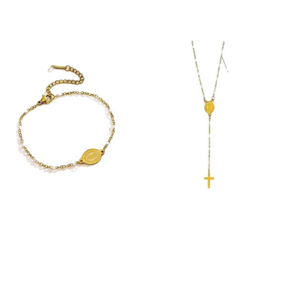 Minimalist Stainless Steel Cross Necklace And Bracelet Set With Crown And Roman Numeral Pattern Electroplated Gold Finish