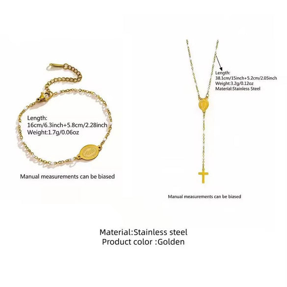 Minimalist Stainless Steel Cross Necklace And Bracelet Set With Crown And Roman Numeral Pattern Electroplated Gold Finish