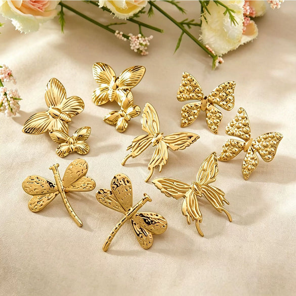 Minimalist Stainless Steel Dragonfly And Butterfly Stamped Earrings For Women Fashion Animal Design Non Fading Stud Earrings